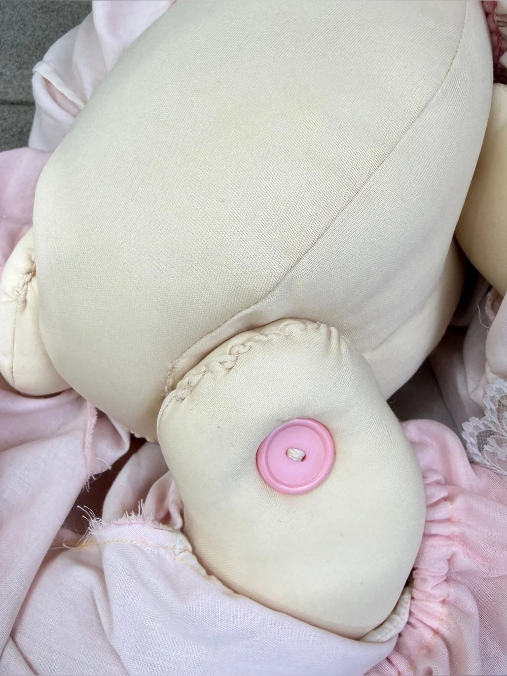 Vintage Handcrafted Soft Sculptured Old Doll Pink Dress Bonnet 21” Socks Daddy